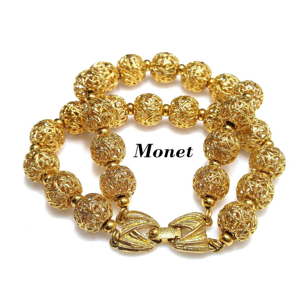 Monet Filigree Beaded Two Strand Bracelet, Strung on Chain, Vintage